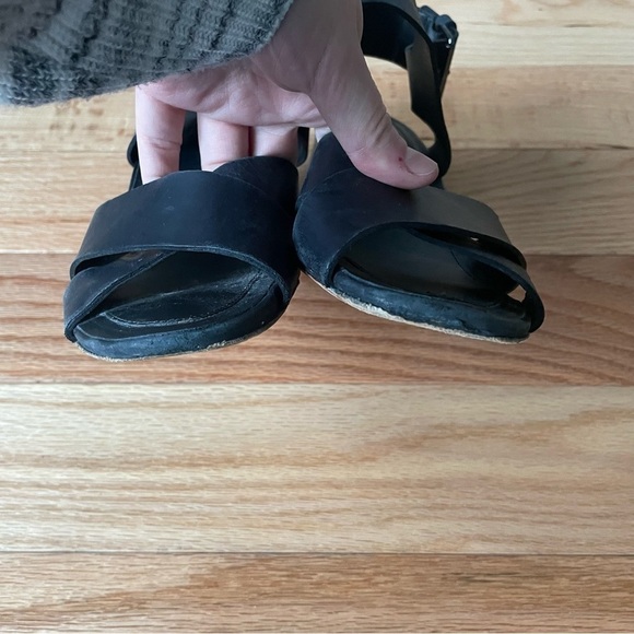 VINCE Black Peep Toe Crossover Gwyn Leather Slingback Wedge Sandals Size 7.5 - Picture 7 of 12